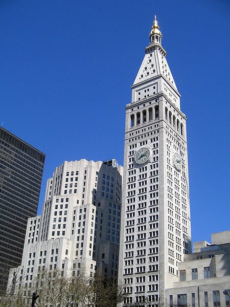 Metropolitan Life Tower, a unique clock tower in the corner of Madison Square Park, NYC.