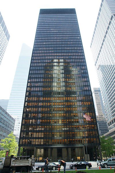 The Seagram Building at 375 Park Avenue, 38-story Class A skyscraper in the Plaza District, NYC.