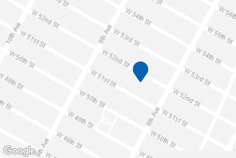Map view of a commercial real estate listing located at 333 West 52nd Street in New York City.