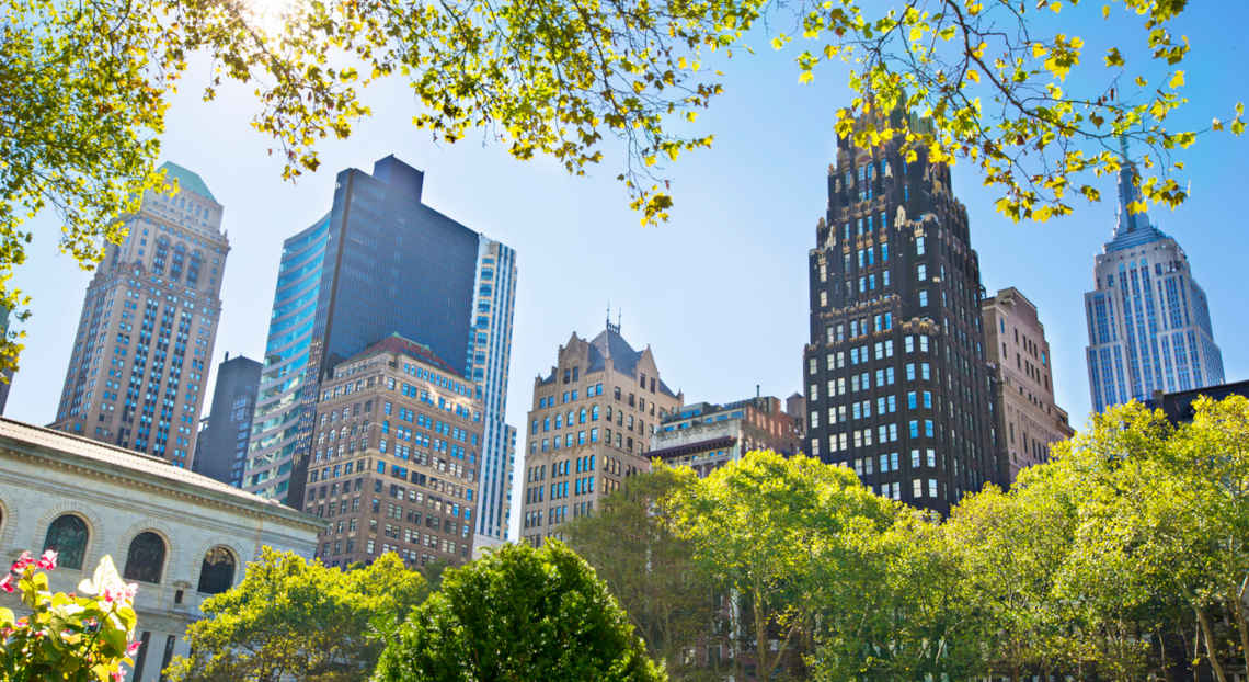 Manhattan skyline view from Bryant Park, NYC.