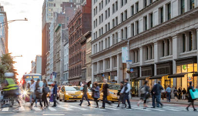 Busy Manhattan street scene at Broadway intersection
