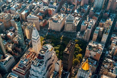 Aerial view of skyscrapers in Manhattan, New York City, including the Flatiron Building