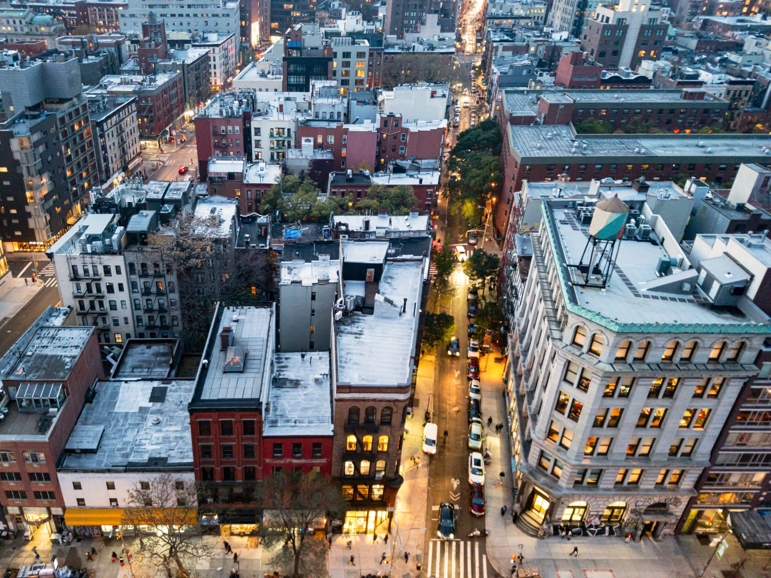 Overhead view of busy SoHo streets in Manhattan, New York City