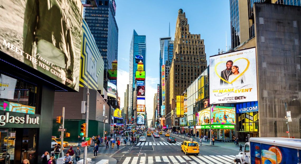 Times Square in Midtown Manhattan in the morning, with 7th Avenue and Broadway Street