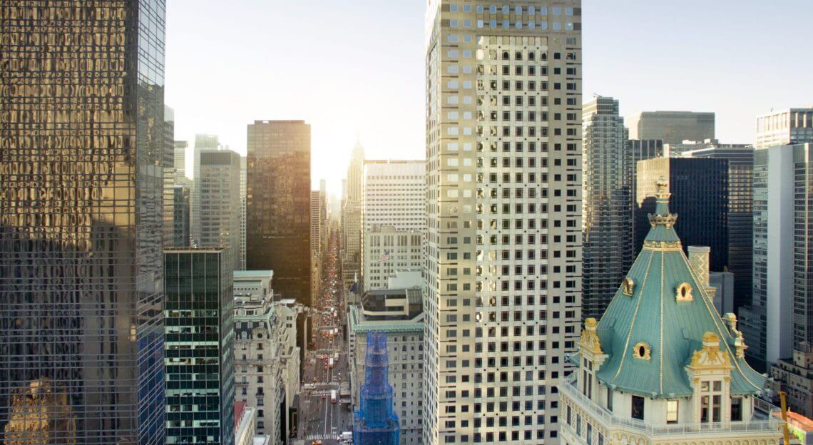 Aerial view of Fifth Avenue, New York City, where Knotel has leased office space