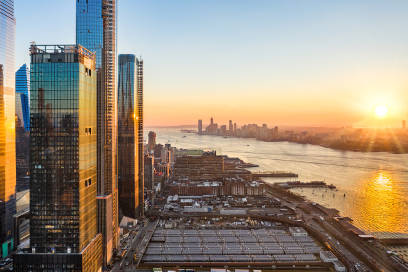 New York City skyline at sunset viewed from Hudson Yards, a new financial hub in Manhattan
