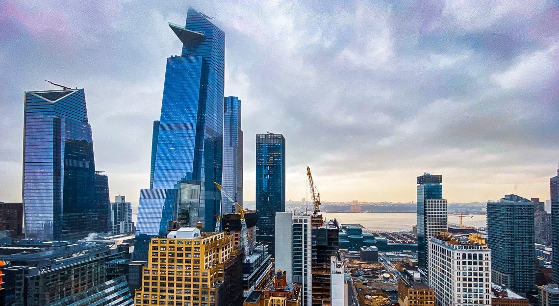 A photo of modern high-rises in Hudson Yards, New York City.