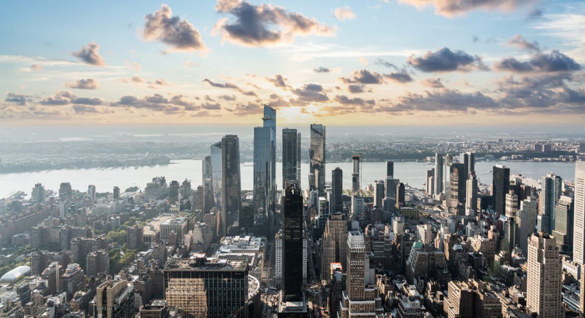 Sunset over Hudson Yards skyline in NYC, featuring Two Manhattan West, soon to host Cravath.