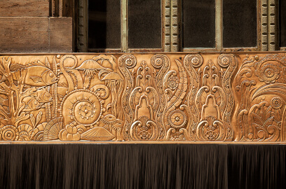 Close-up detail of Chanin Building's Art Deco architectural ornament in NYC.