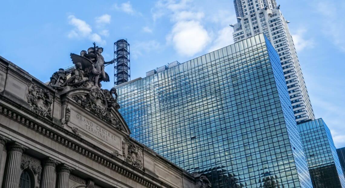 Grand Central Terminal’s facade with the Grand Hyatt and the Chrysler Building in the background.