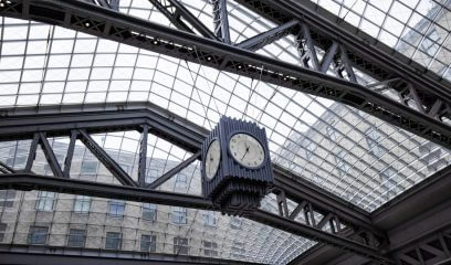 Interior view of Daneil Patrick Moynihan Train Hall from below