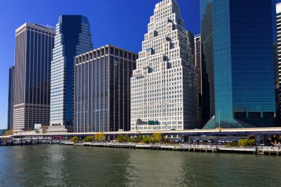 Financial District skyline with 111 Wall Street, pioneering office building for NYC's sustainability