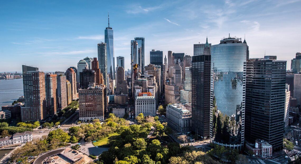 Aerial view of Downtown NYC, showcasing the expansive real estate owned by Brookfield Properties.