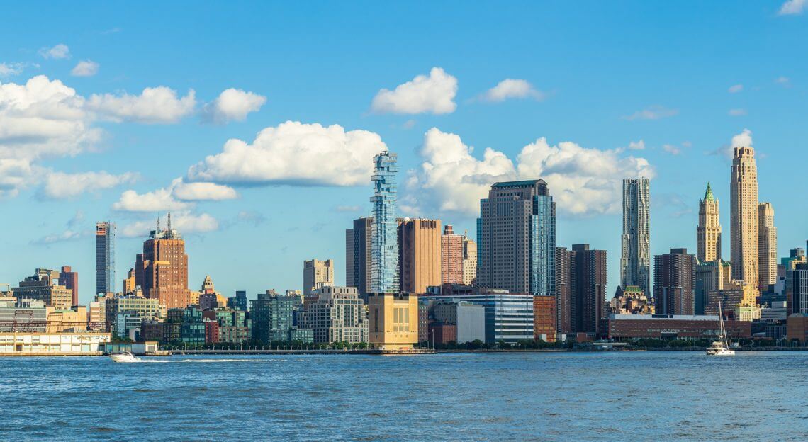 Manhattan skyline viewed from New Jersey, featuring St. John's Terminal, Google's new investment.