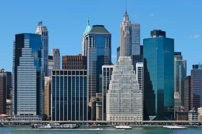 Aerial view of 111 Wall Street in NYC's Financial District, part of a large office deal of 2021.