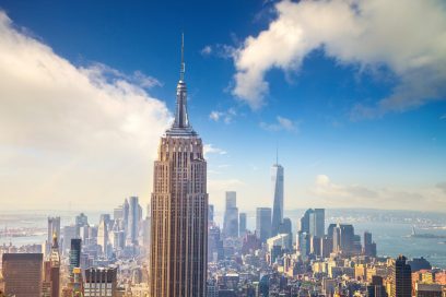 Empire State Building in New York and lower Manhattan skyline.