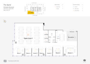 Floorplan of a corner office with a large bullpen area and several conference rooms.