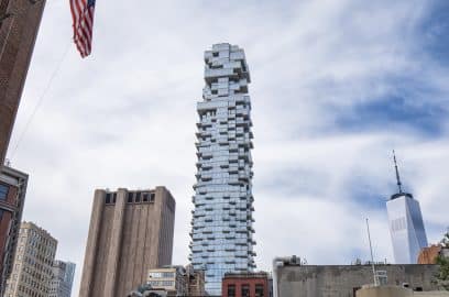 Street view of New York City Lower Manhattan buildings, the Jenga Building or 56 Leonard in the background