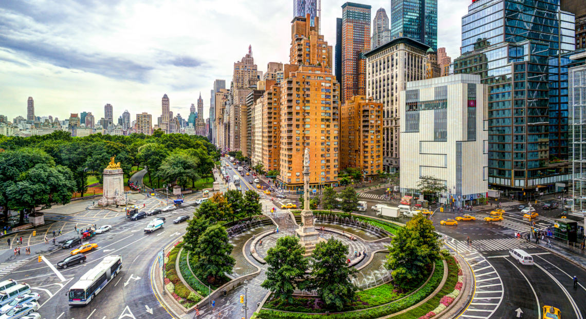 NYC Skyline at Columbus Circle: Ideal Location for Office Space Search.