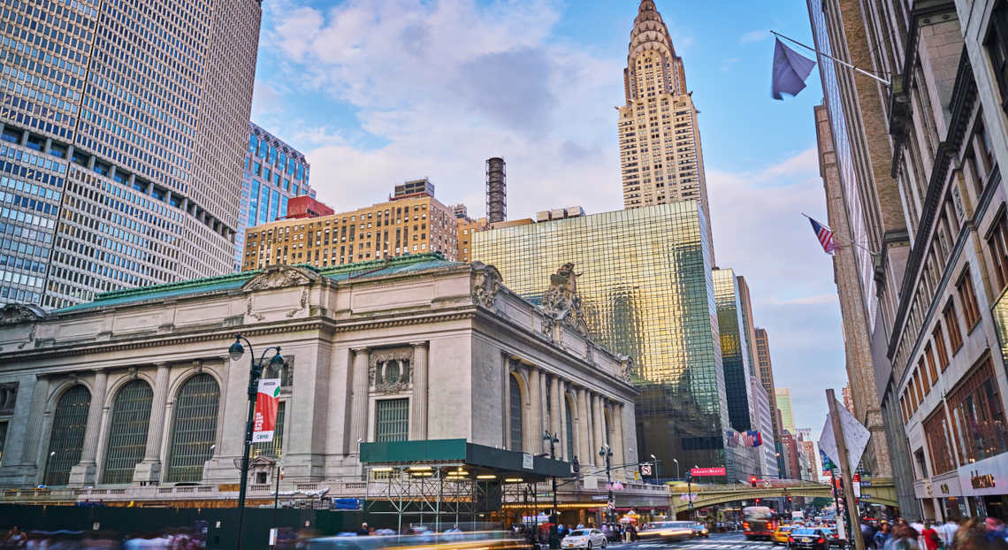 Manhattan's Dusk Skyline: Grand Central and Chrysler Building with LIRR station underneath.