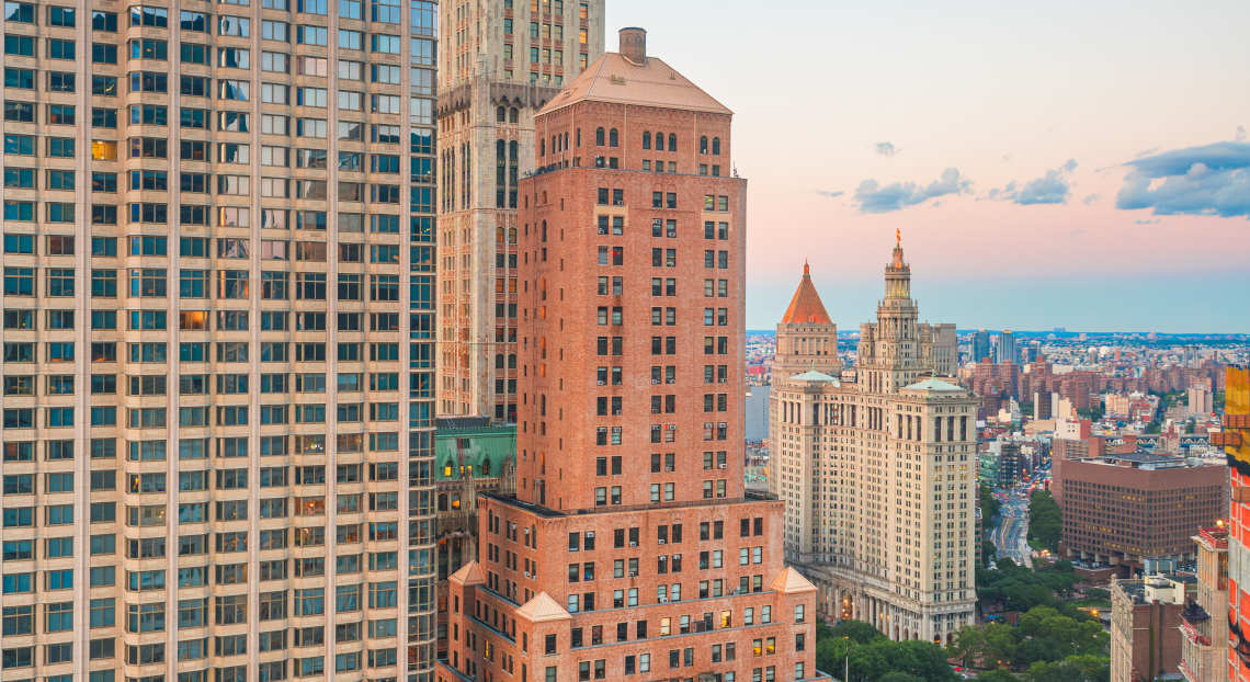 NYC Civic Center Skyline with 225 Broadway: Hub for Crypto & Blockchain Startups