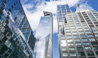 Modern NYC skyscrapers, reflecting the evolving landscape in the wake of the Great Resignation.