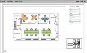 Floorplan of an office space with a bullpen area and a conference room