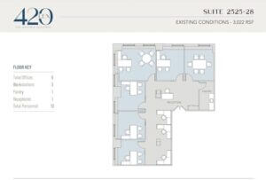 Floorplan of a corner office space with private offices