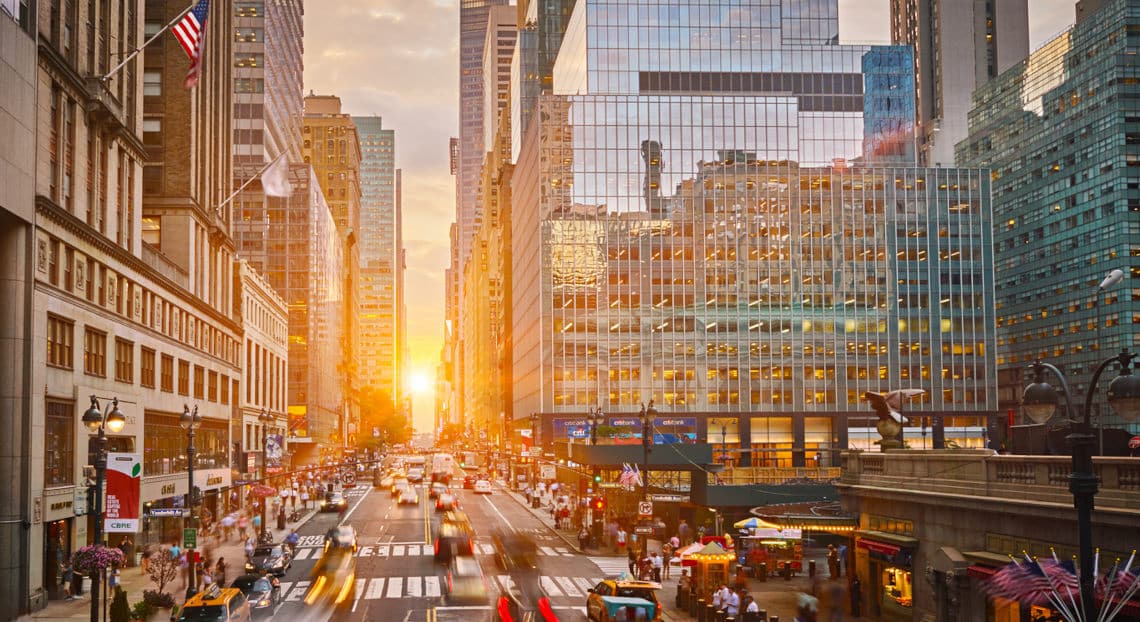 Sunset over 42nd St. & Grand Central Terminal, prime NYC Class A commercial real estate.