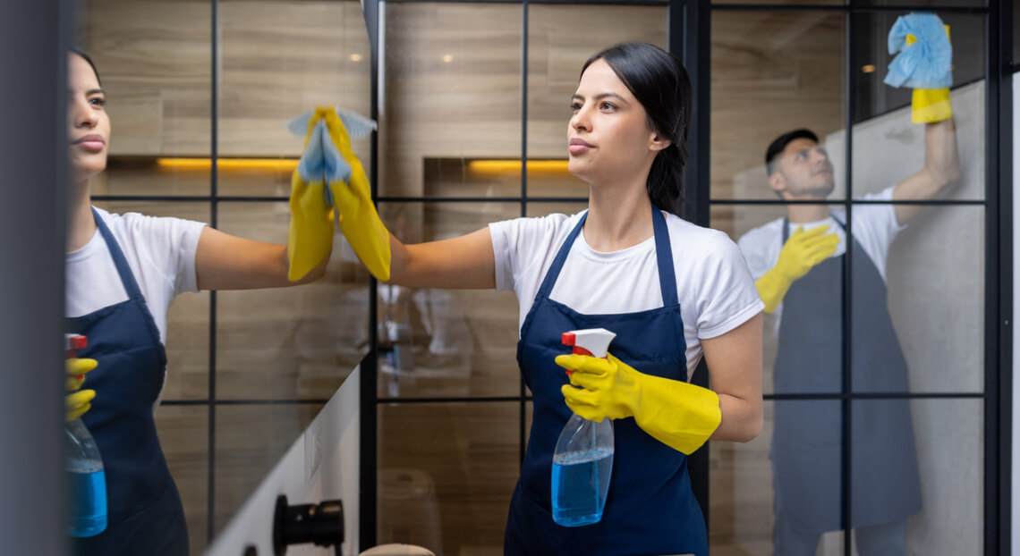 NYC office cleaners at work, addressing hidden charges in commercial real estate leases.