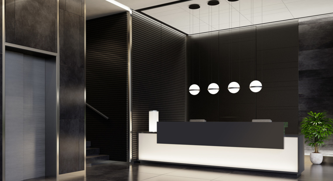Modern, Luxurious NYC Office Lobby Interior with Reception Desk.