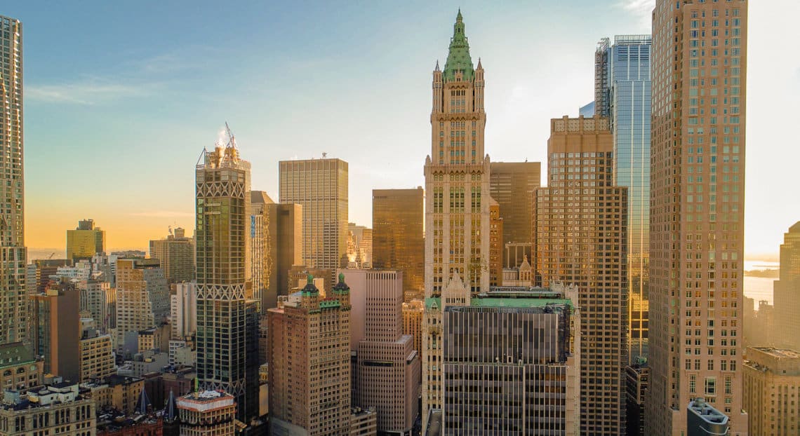 The scenic aerial view of the bustling heart of the Financial District, Manhattan Downtown.