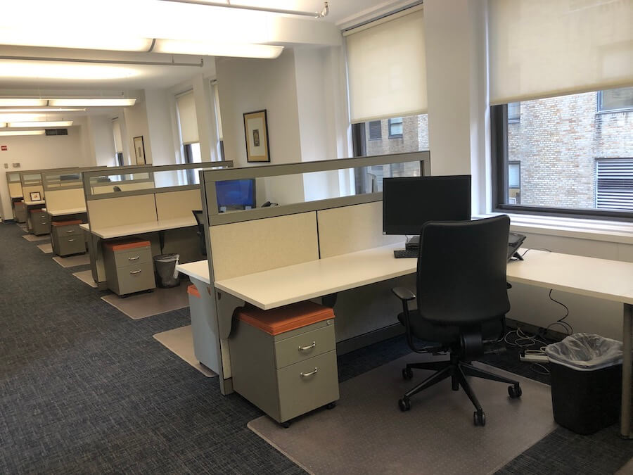 Corner office sublet with Hudson River views, furnished, windowed offices, conference room.