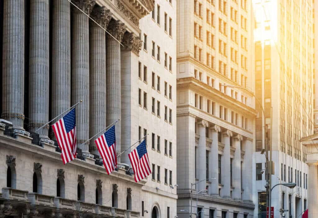 American flags at Wall Street historic buildings, Manhattan, NYC.