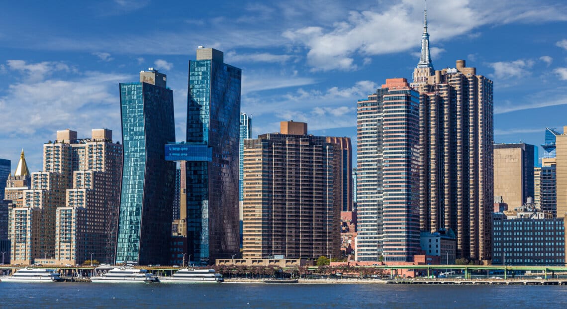 Manhattan East Side skyline with Empire State Building, viewed from Gantry Plaza, Queens