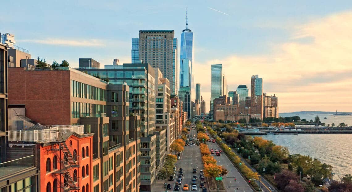 Aerial view of Downtown Manhattan, taken from Tribeca, New York City.