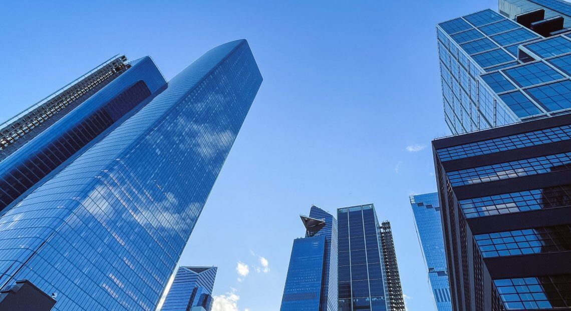 A close-up of Manhattan skyscrapers, including the Hudson Yards development.