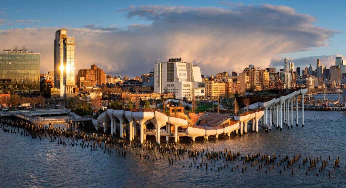 A view of Little Island, a public park built on a former shipping pier in New York City.