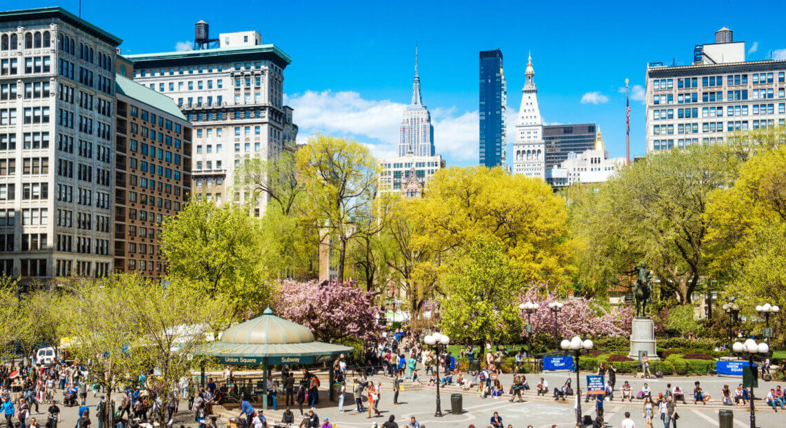 A high view of Union Square and the Empire State Building in Manhattan, New York City.