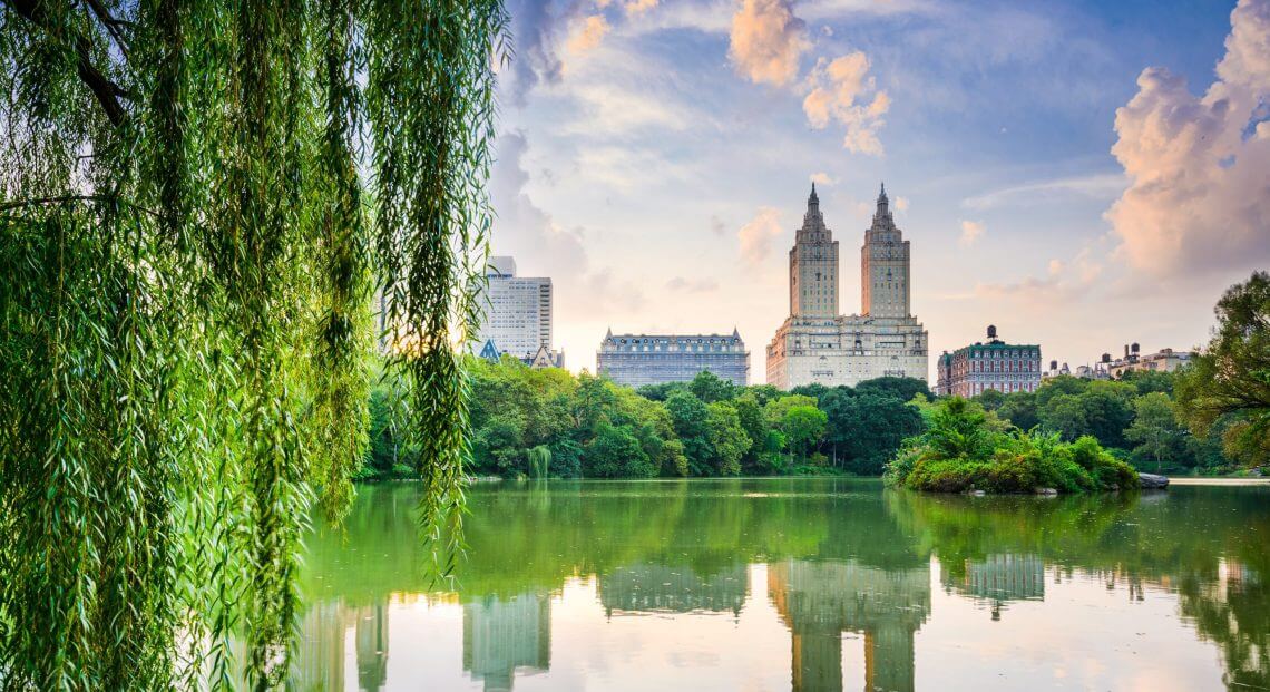 View of Central Park and Upper West Side residential buildings in New York City.