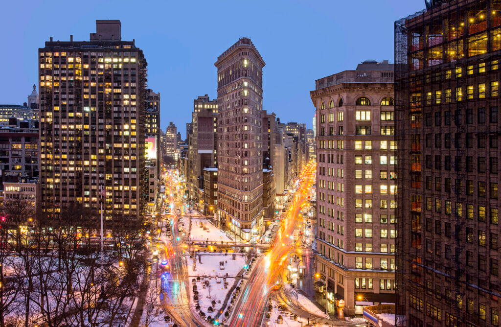 Flatiron Building in New York City at night.