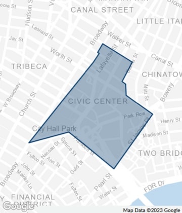 Map of Civic Center, Lower Manhattan, NYC: municipal buildings & office towers.