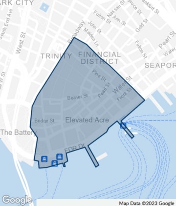 Map of NYC's Financial District, Lower Manhattan: prime business area with office spaces.