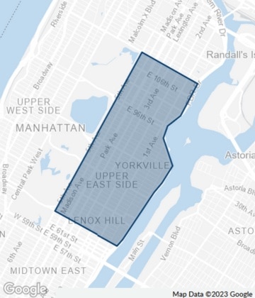 Map of Upper East Side, Manhattan: luxury co-ops, condos, and high-rent Madison Ave retail stores.