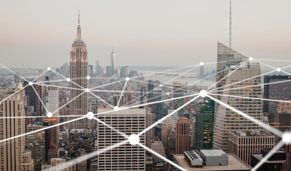 NYC interconnected by lines, symbolic of AI-driven disruption in commercial leasing.