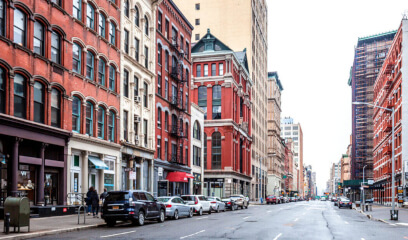 Tribeca streetscape, prime NYC office space. Trendsetting district with artistic allure.
