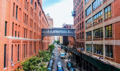 High Line view of W 15th Street, Meatpacking District. Prime office space in posh Manhattan.