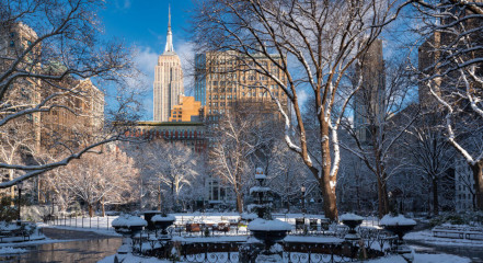 New York City Madison Square Park in winter with view of skyscrapers.
