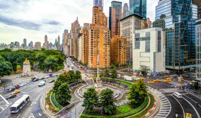 NYC Skyline at Columbus Circle: Ideal Location for Office Space Search.