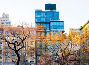 Sunset over Midtown South's Union Square residential skyline, near prime NYC office spaces.